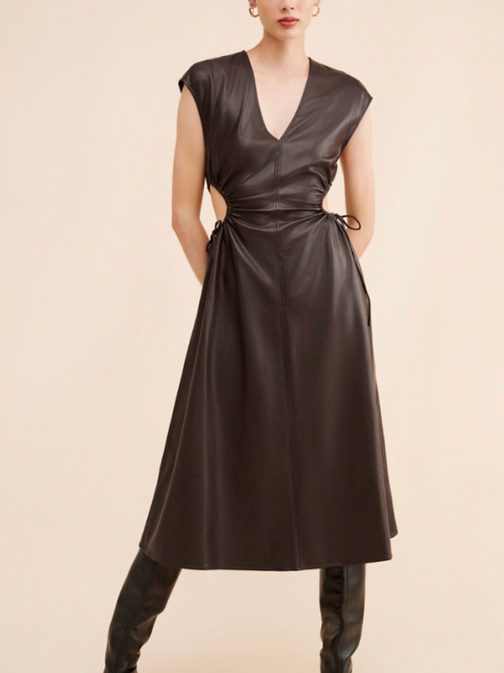 Astr Chocolate Brown Faux-Leather V-Neck Midi Dress with Side Ruching